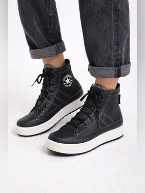 Converse Leather Platform High Top Black Waterproof Chunky Sneakers Women 7.5